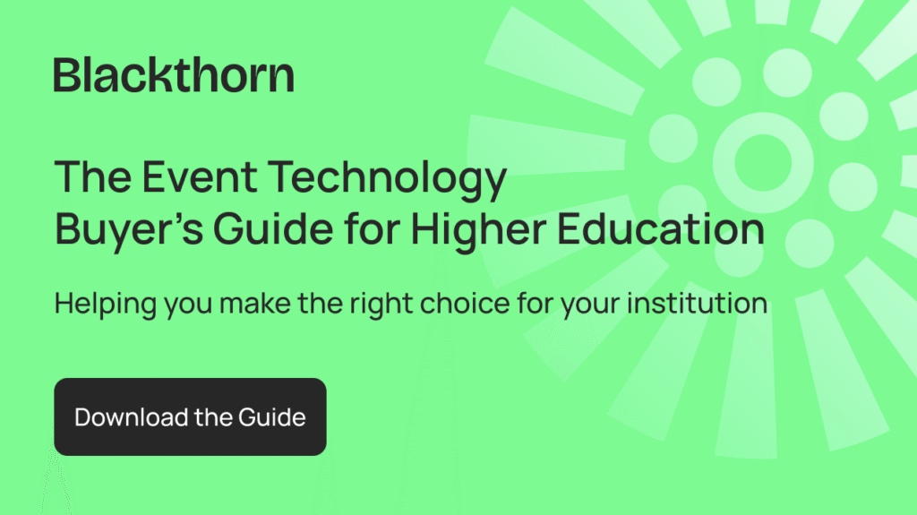 Promotional banner for Blackthorn's Event Technology Buyer’s Guide for Higher Education. Includes a headline, supporting text that reads "Helping you make the right choice for your institution," and a call-to-action button that says "Download the Guide."